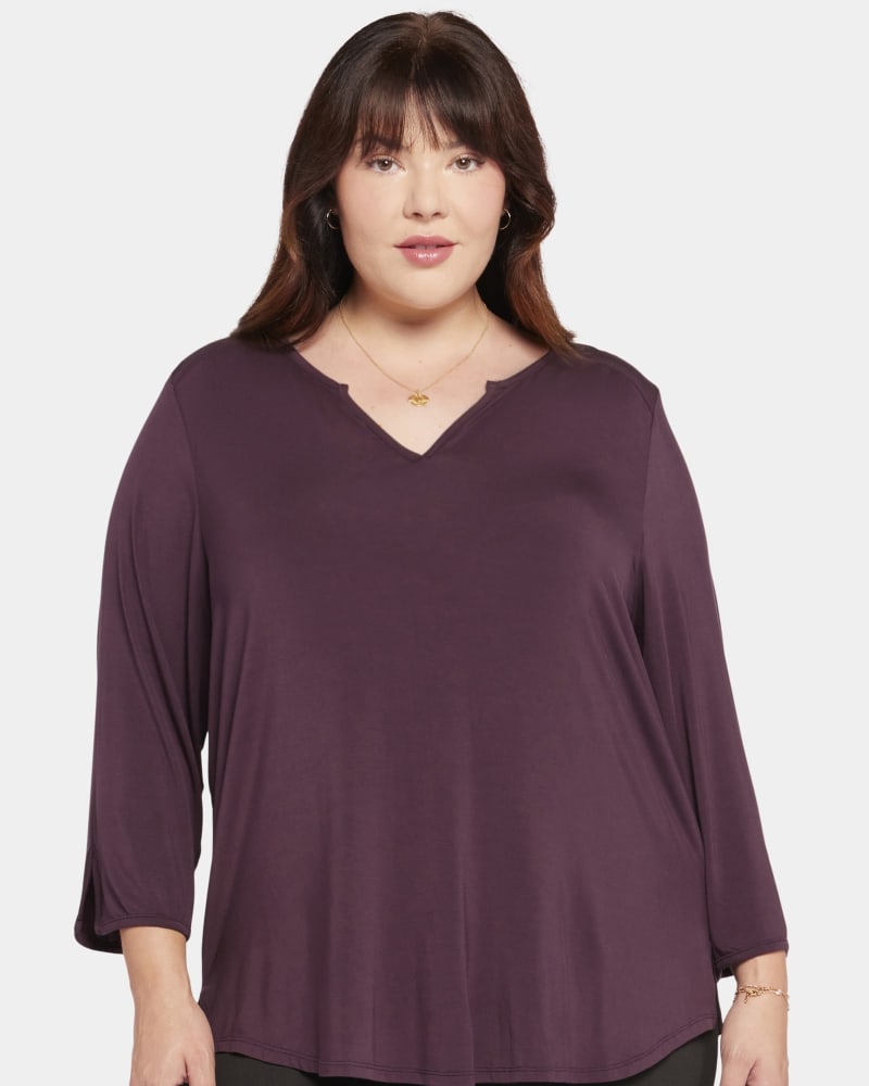 Front of a model wearing a size 0X Kendall Perfect Tee in Eggplant by NYDJ. | dia_product_style_image_id:265136